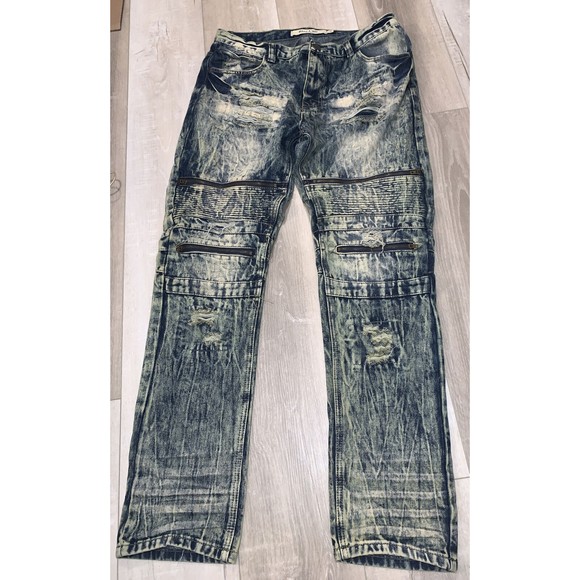 Blue Cult Denim Jeans Distressed Acid Wash Zippers Heavy Cotton Men’s 36 X  32